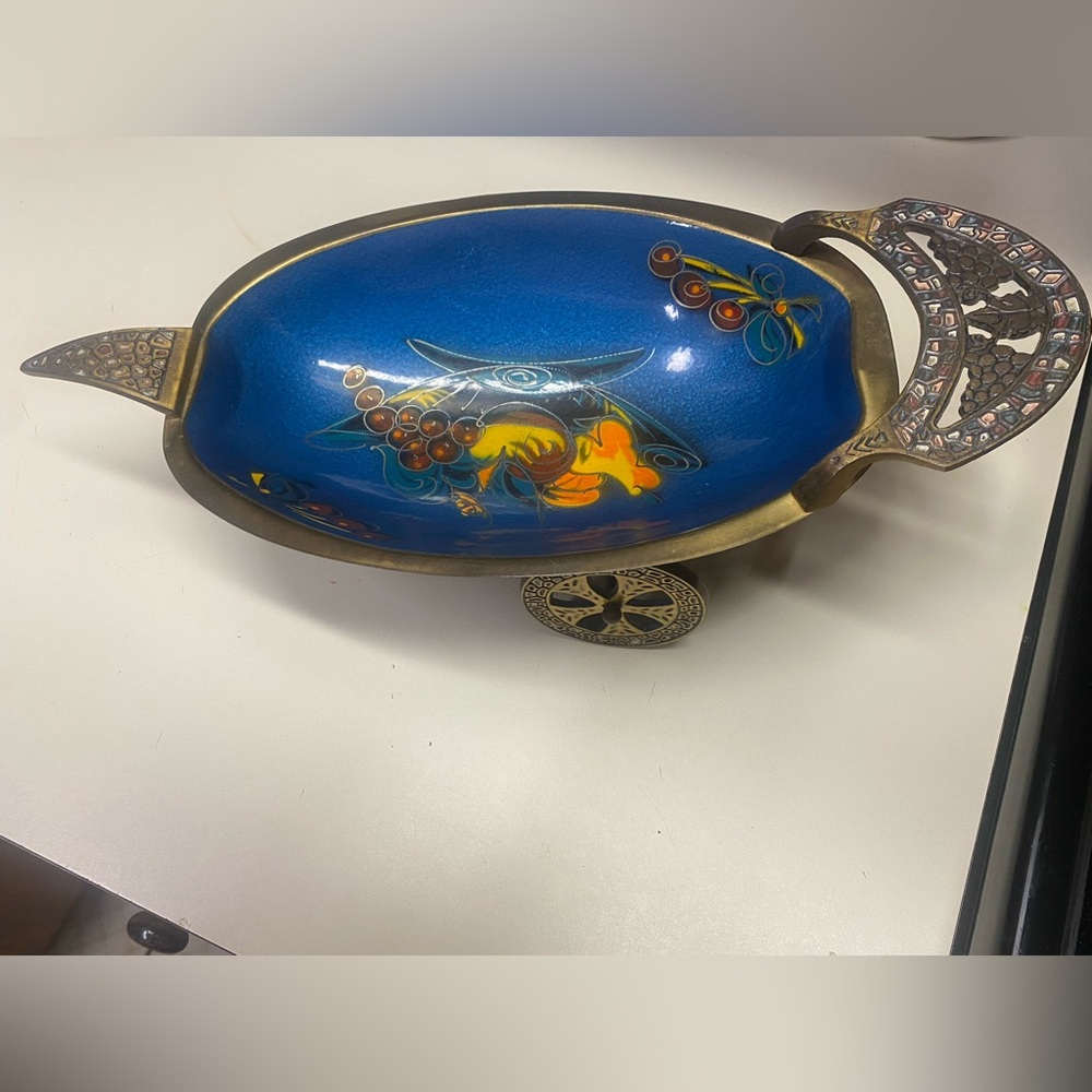 RARE Vintage 1960 Enamel Teal Brass Fruit Bowl Display Dish Made in Israel